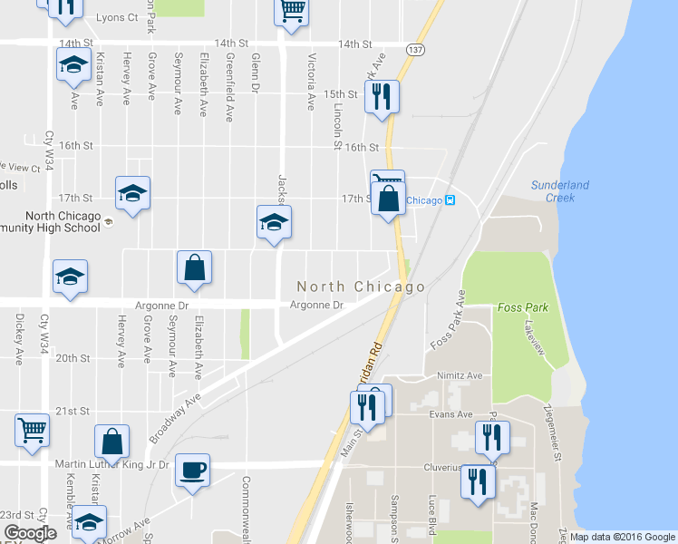 map of restaurants, bars, coffee shops, grocery stores, and more near in North Chicago