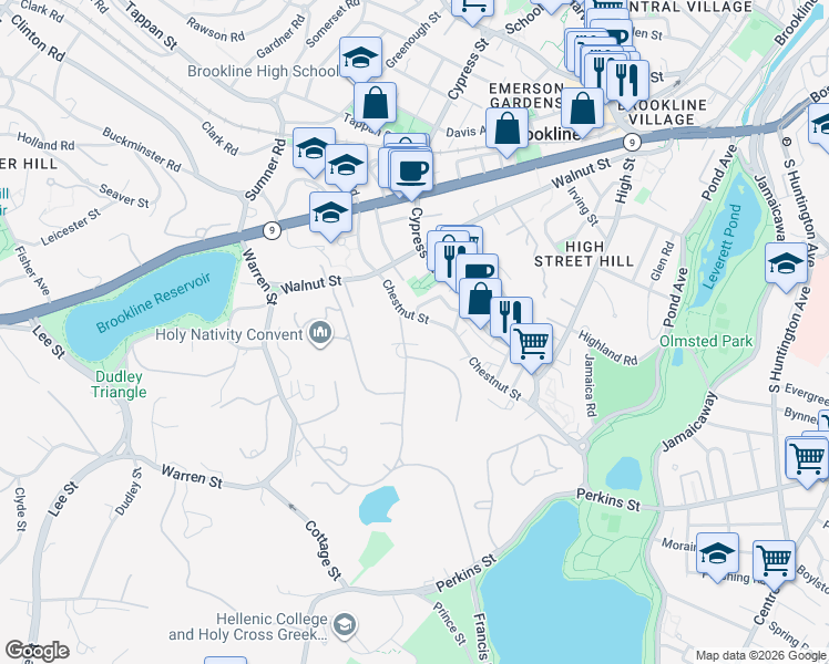 map of restaurants, bars, coffee shops, grocery stores, and more near 30 Sargent Beechwood in Brookline