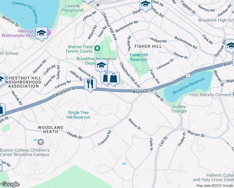 map of restaurants, bars, coffee shops, grocery stores, and more near 41 Cutler Lane in Brookline