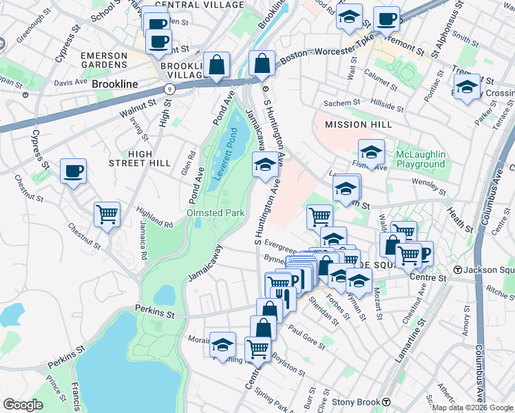 map of restaurants, bars, coffee shops, grocery stores, and more near 201 South Huntington Avenue in Boston