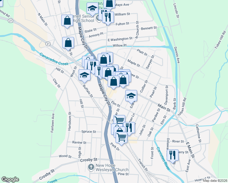 map of restaurants, bars, coffee shops, grocery stores, and more near 32-34 Broadway Mall in Hornell