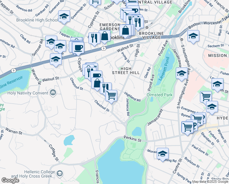 map of restaurants, bars, coffee shops, grocery stores, and more near 191 High Street in Brookline