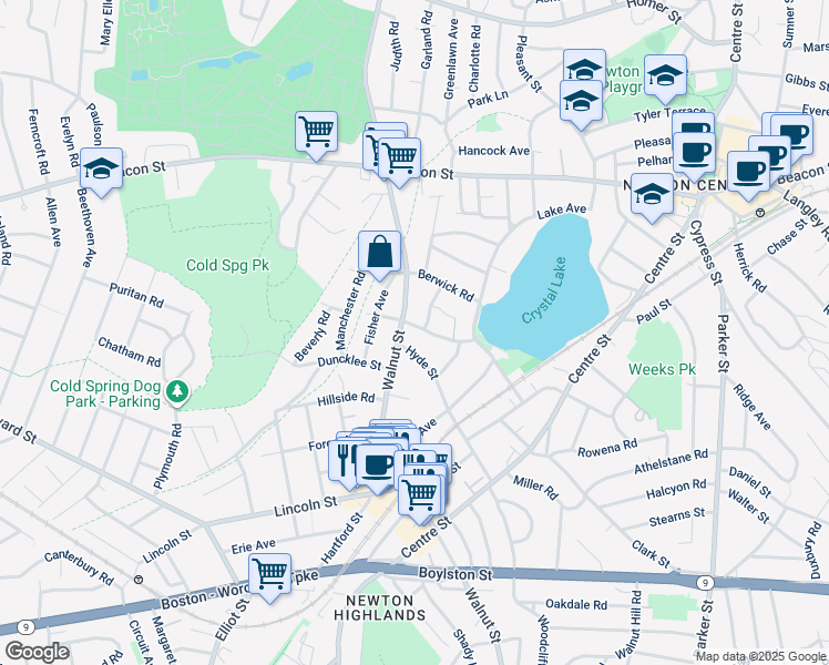 map of restaurants, bars, coffee shops, grocery stores, and more near 1048 Walnut Street in Newton