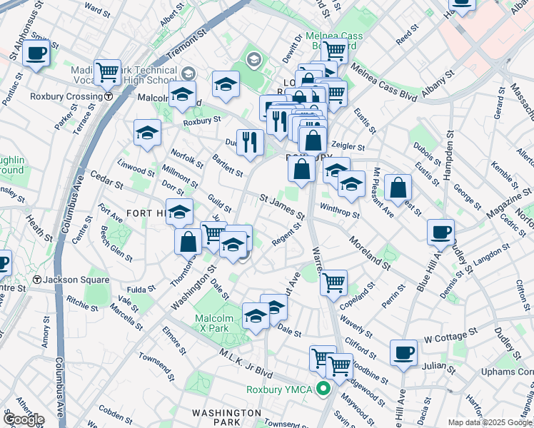map of restaurants, bars, coffee shops, grocery stores, and more near 16 Akron Street in Boston