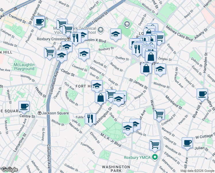 map of restaurants, bars, coffee shops, grocery stores, and more near 25 Thornton Street in Boston