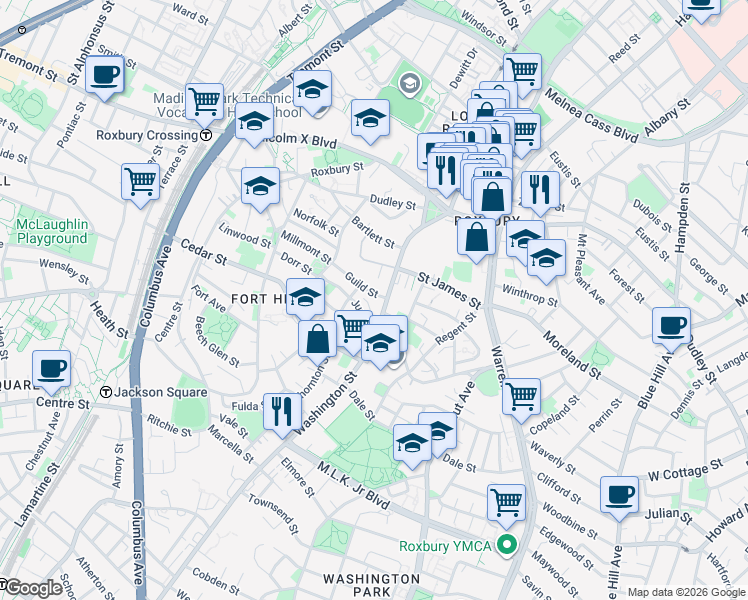 map of restaurants, bars, coffee shops, grocery stores, and more near 2599 Washington Street in Boston