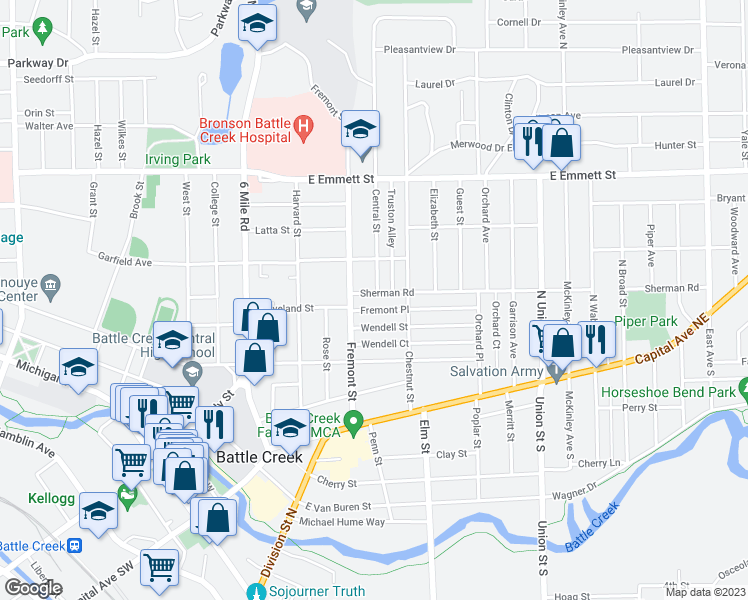 map of restaurants, bars, coffee shops, grocery stores, and more near 22 Sherman Road in Battle Creek