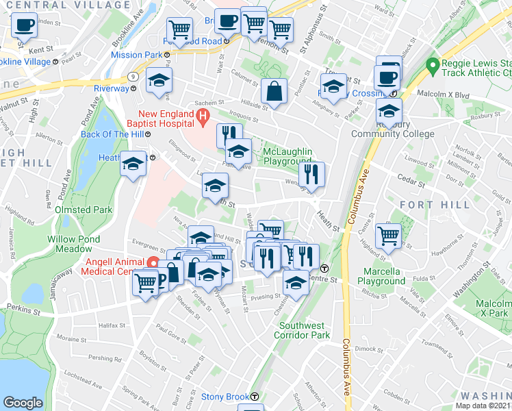 map of restaurants, bars, coffee shops, grocery stores, and more near Heath St & Lawn St in Boston