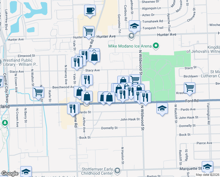 map of restaurants, bars, coffee shops, grocery stores, and more near 5800 North Christine in Westland