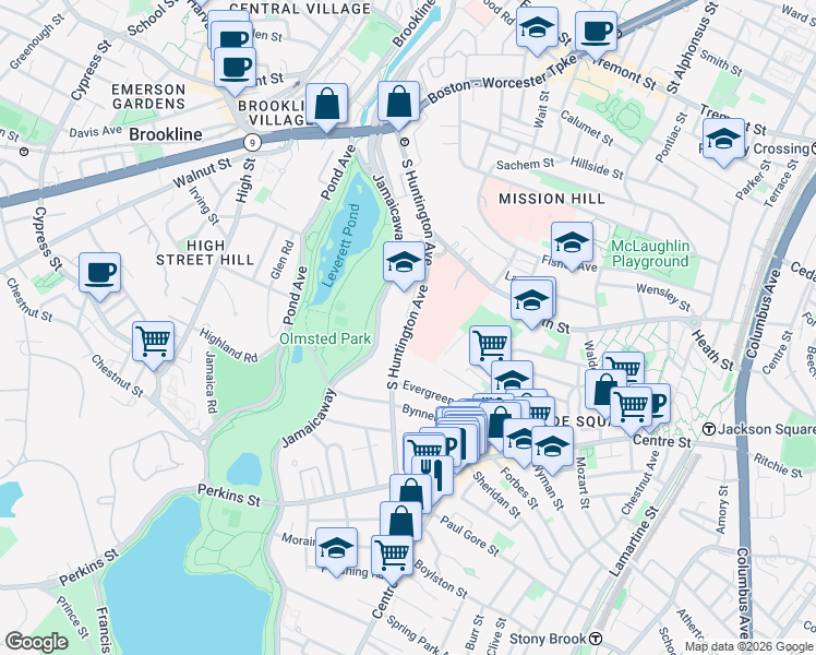map of restaurants, bars, coffee shops, grocery stores, and more near South Huntington Avenue in Boston