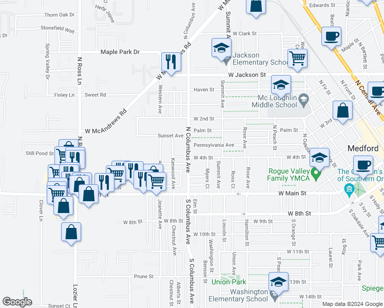 map of restaurants, bars, coffee shops, grocery stores, and more near 1130 West 4th Street in Medford