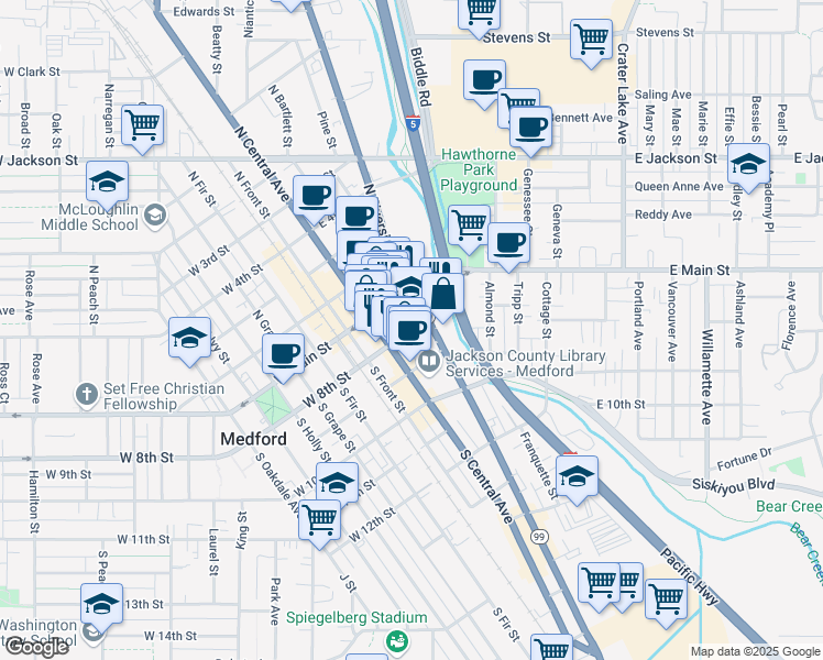 map of restaurants, bars, coffee shops, grocery stores, and more near E 8th St & S Bartlett St in Medford
