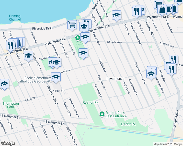map of restaurants, bars, coffee shops, grocery stores, and more near 1071 Coventry Court in Windsor