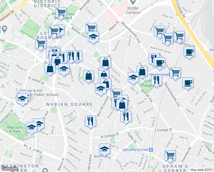 map of restaurants, bars, coffee shops, grocery stores, and more near Hampden St & Dunmore St in Boston