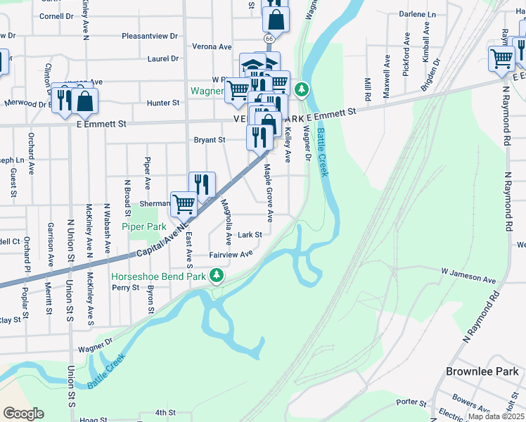 map of restaurants, bars, coffee shops, grocery stores, and more near 53 Wren Street in Battle Creek