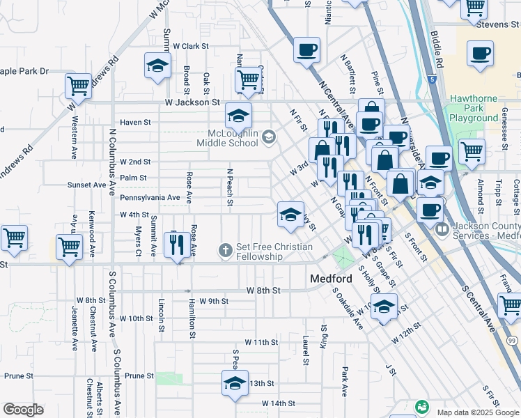 map of restaurants, bars, coffee shops, grocery stores, and more near 524 West 4th Street in Medford