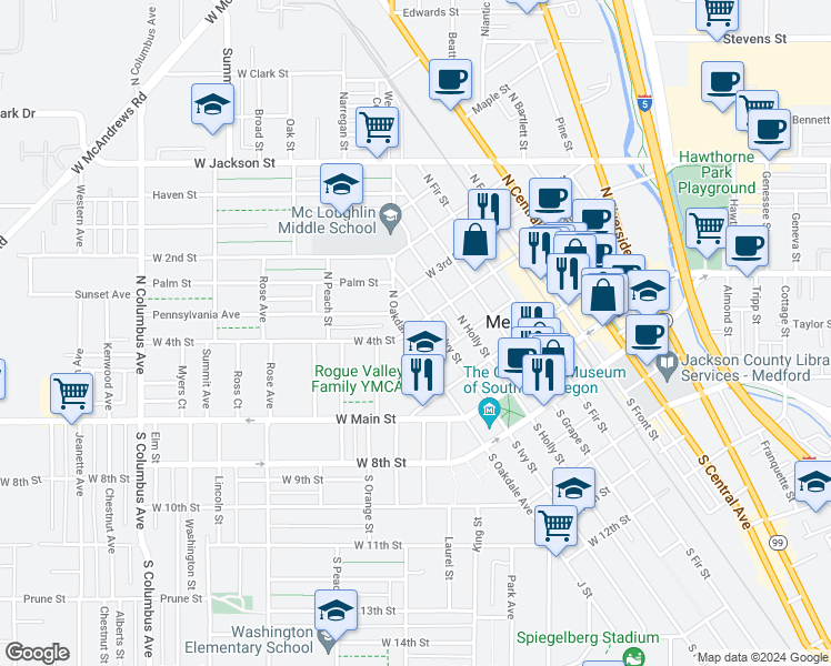 map of restaurants, bars, coffee shops, grocery stores, and more near 421 West 4th Street in Medford