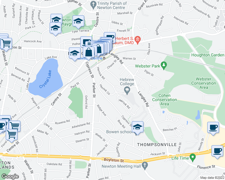 map of restaurants, bars, coffee shops, grocery stores, and more near 141 Herrick Road in Newton