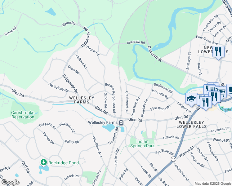 map of restaurants, bars, coffee shops, grocery stores, and more near 29 Boulder Road in Wellesley