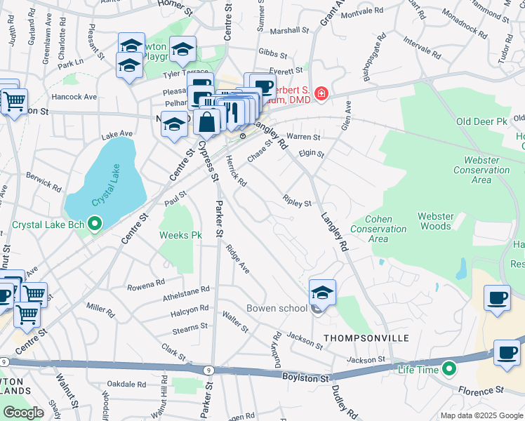 map of restaurants, bars, coffee shops, grocery stores, and more near 141 Herrick Road in Newton