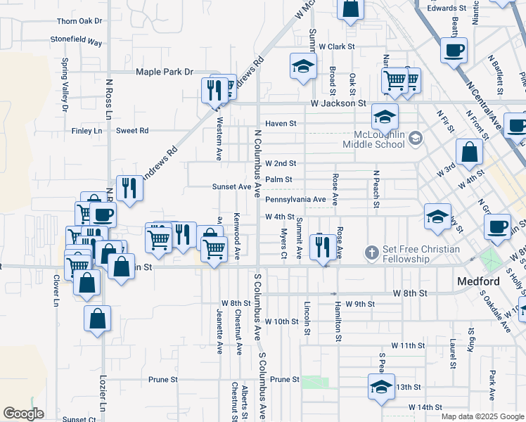 map of restaurants, bars, coffee shops, grocery stores, and more near 1128 West 4th Street in Medford