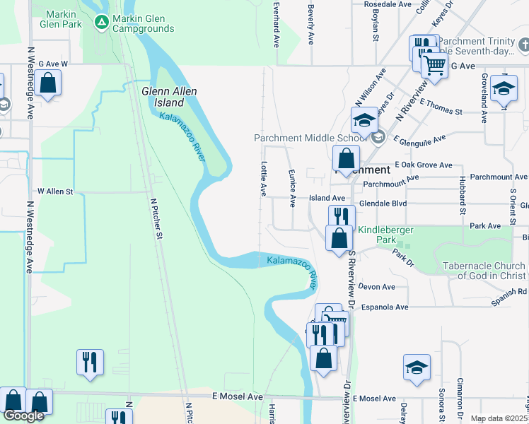 map of restaurants, bars, coffee shops, grocery stores, and more near 224 Lottie Avenue in Parchment