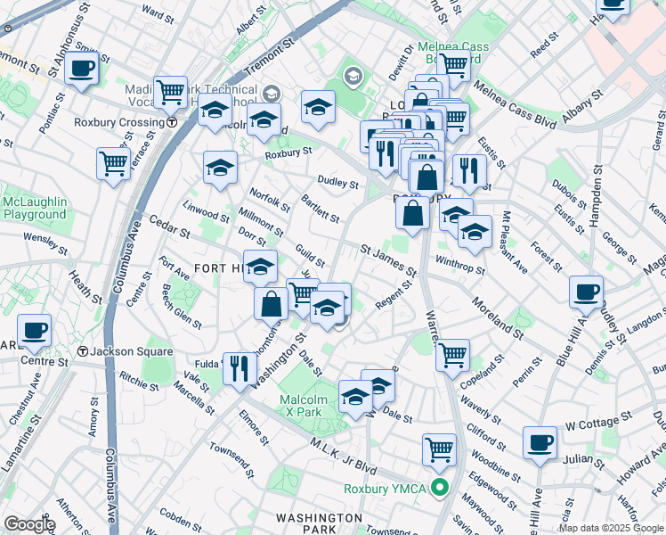 map of restaurants, bars, coffee shops, grocery stores, and more near 2589 Washington Street in Boston