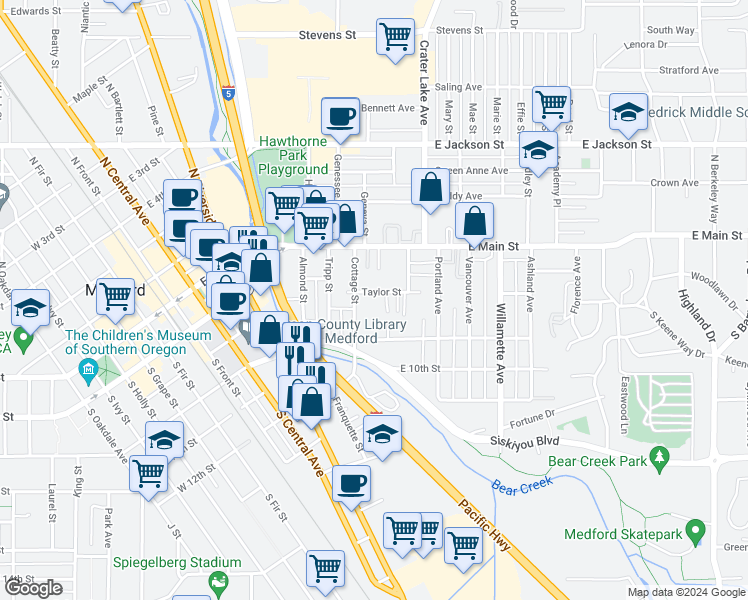 map of restaurants, bars, coffee shops, grocery stores, and more near 125 Cottage Street in Medford