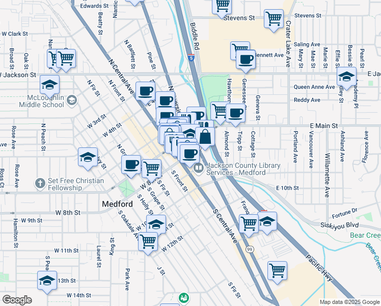 map of restaurants, bars, coffee shops, grocery stores, and more near 117 South Central Avenue in Medford