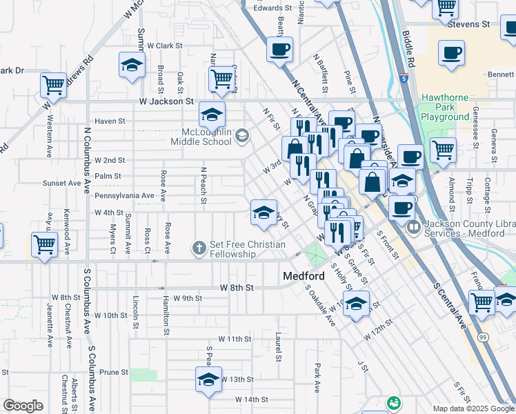 map of restaurants, bars, coffee shops, grocery stores, and more near 211 North Oakdale Avenue in Medford