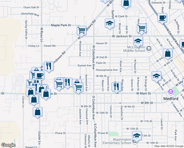 map of restaurants, bars, coffee shops, grocery stores, and more near 47 North Columbus Avenue in Medford