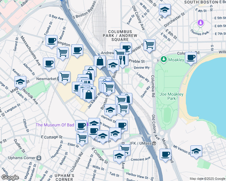 map of restaurants, bars, coffee shops, grocery stores, and more near 26 Washburn Street in Boston