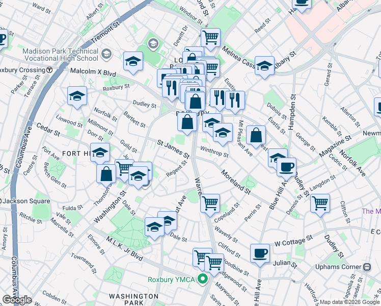 map of restaurants, bars, coffee shops, grocery stores, and more near 36 Dabney Place in Boston