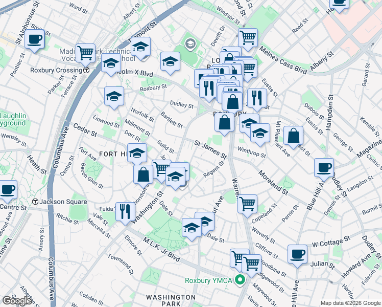 map of restaurants, bars, coffee shops, grocery stores, and more near 46 Alpine Street in Boston