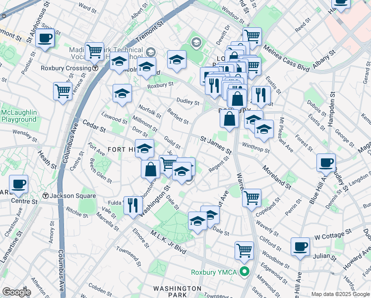 map of restaurants, bars, coffee shops, grocery stores, and more near 2599 Washington Street in Boston