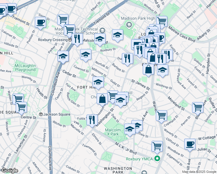 map of restaurants, bars, coffee shops, grocery stores, and more near 38 Thornton Street in Boston