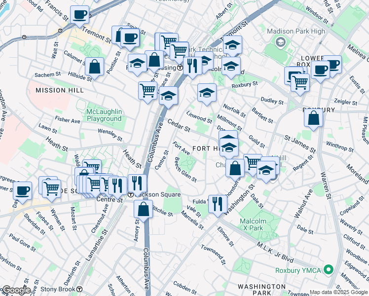 map of restaurants, bars, coffee shops, grocery stores, and more near 19 Beech Glen Street in Boston