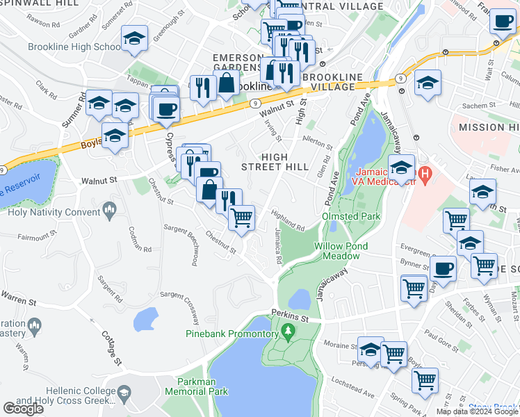 map of restaurants, bars, coffee shops, grocery stores, and more near 191 High Street in Brookline