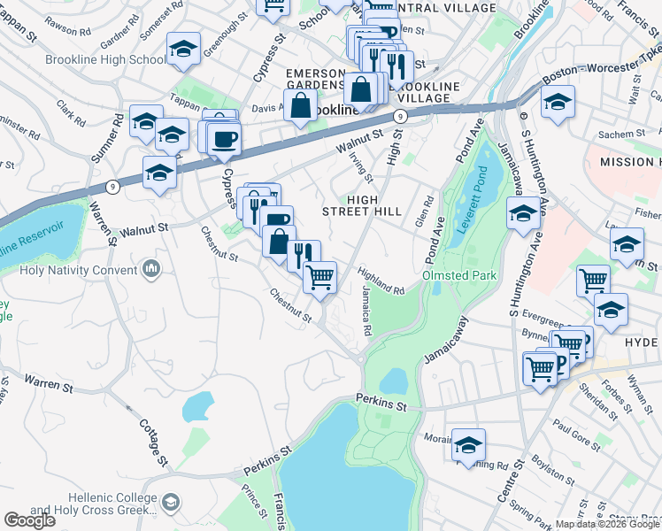 map of restaurants, bars, coffee shops, grocery stores, and more near 191 High Street in Brookline