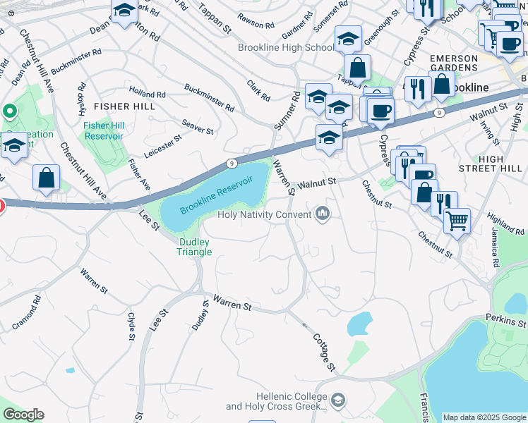 map of restaurants, bars, coffee shops, grocery stores, and more near 20 Dudley Street in Brookline