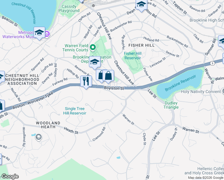map of restaurants, bars, coffee shops, grocery stores, and more near 41 Cutler Lane in Brookline