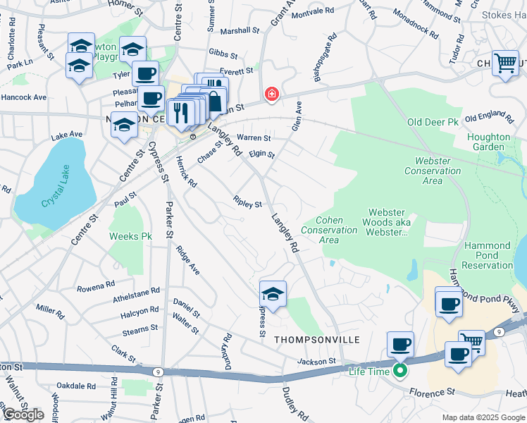 map of restaurants, bars, coffee shops, grocery stores, and more near 160 Herrick Road in Newton