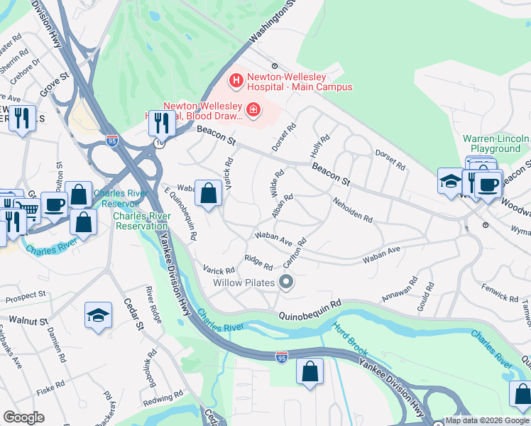 map of restaurants, bars, coffee shops, grocery stores, and more near 321 Waban Avenue in Newton
