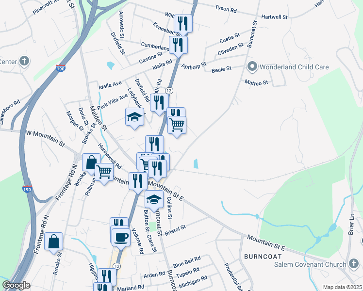 map of restaurants, bars, coffee shops, grocery stores, and more near 585 Burncoat Street in Worcester