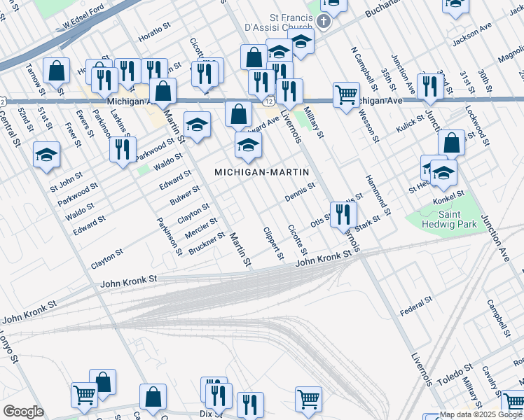 map of restaurants, bars, coffee shops, grocery stores, and more near 3482 Clippert Street in Detroit