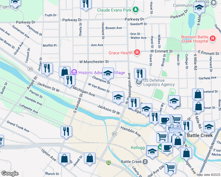 map of restaurants, bars, coffee shops, grocery stores, and more near 320 West Michigan Avenue in Battle Creek