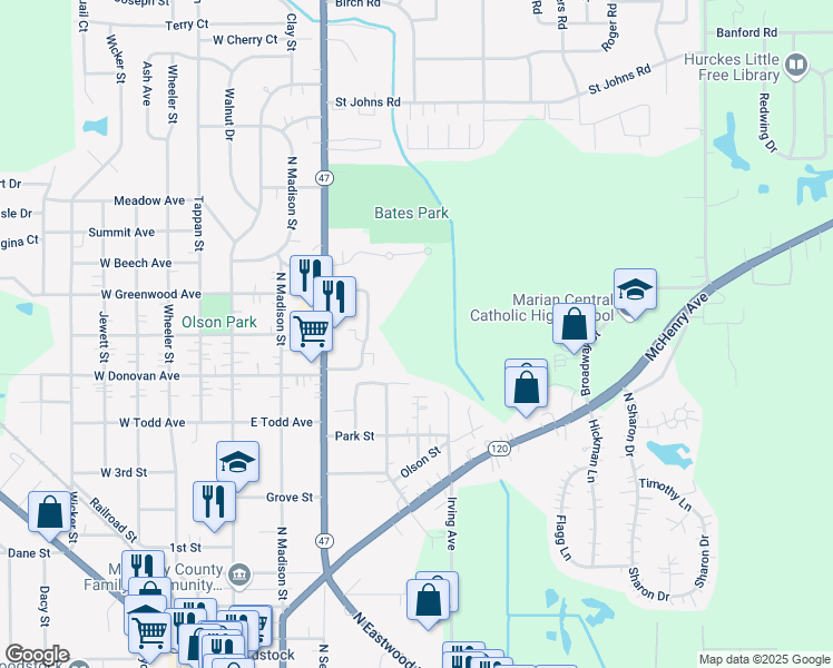 map of restaurants, bars, coffee shops, grocery stores, and more near 1052 Greenwood Circle in Woodstock