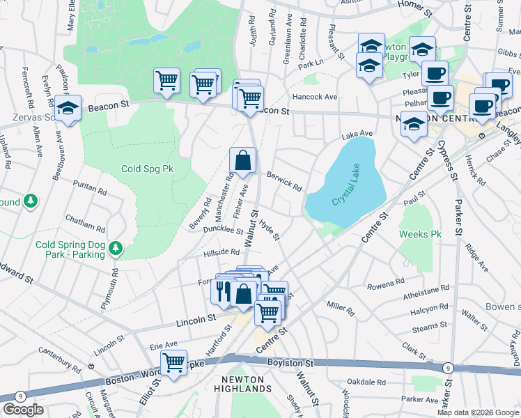 map of restaurants, bars, coffee shops, grocery stores, and more near 1048 Walnut Street in Newton