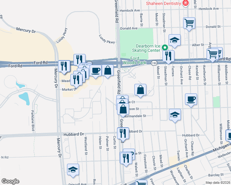 map of restaurants, bars, coffee shops, grocery stores, and more near 5200 Curtis Street in Dearborn