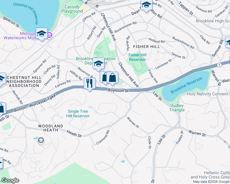 map of restaurants, bars, coffee shops, grocery stores, and more near 41 Cutler Lane in Brookline